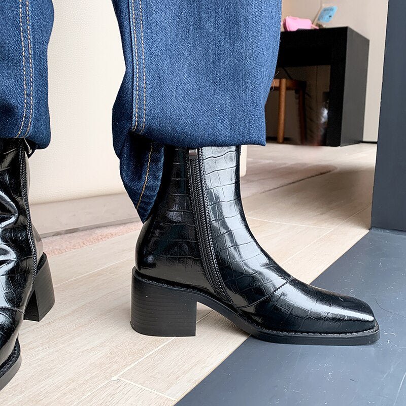 Women cowhide full leather embossed stone pattern boots - LiveTrendsX