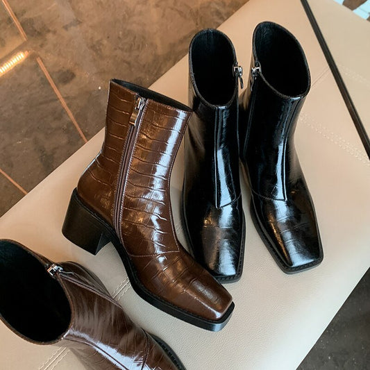 Women cowhide full leather embossed stone pattern boots - LiveTrendsX