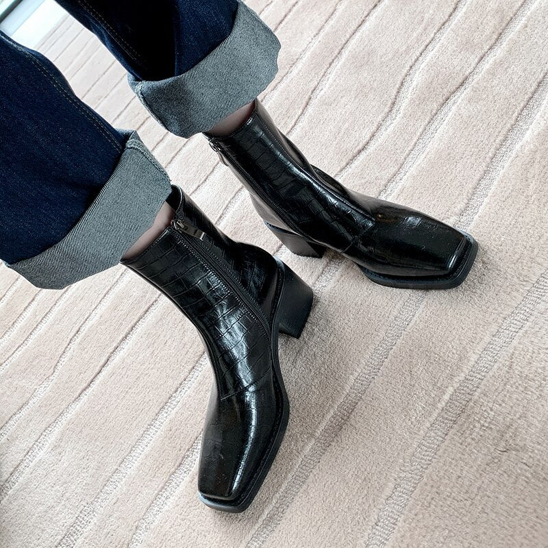 Women cowhide full leather embossed stone pattern boots - LiveTrendsX