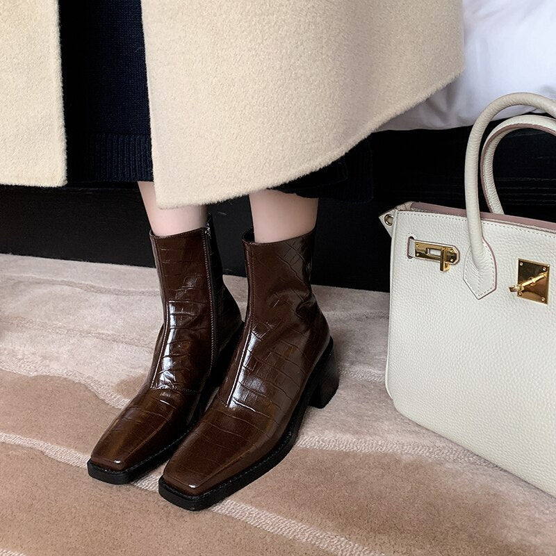 Women cowhide full leather embossed stone pattern boots - LiveTrendsX