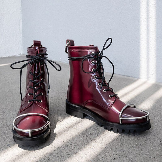 Women cowhide lace up round toe Metal decoration platform boots - LiveTrendsX