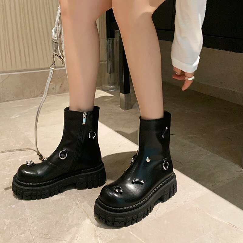 Women cowhide modern boots metal ring platform boots side zip - LiveTrendsX