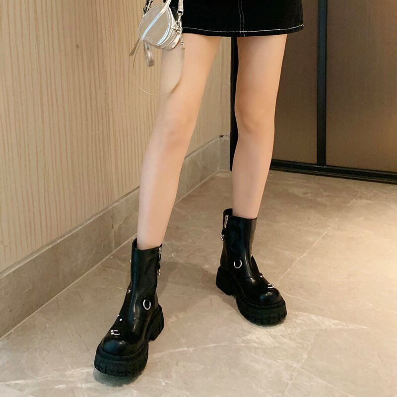 Women cowhide modern boots metal ring platform boots side zip - LiveTrendsX