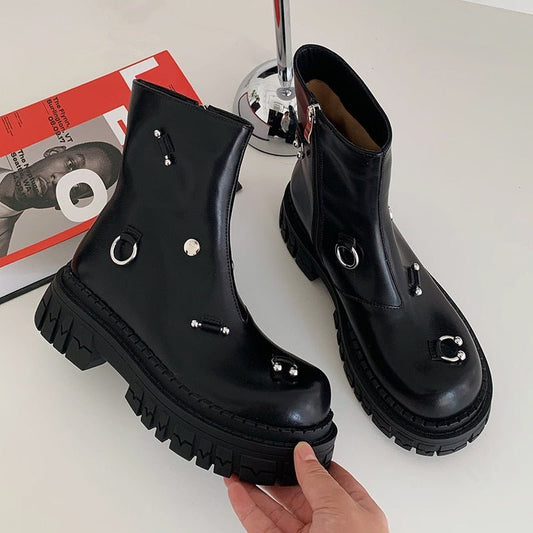 Women cowhide modern boots metal ring platform boots side zip - LiveTrendsX