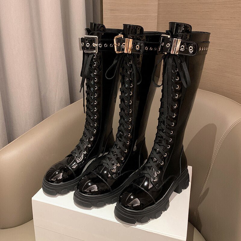 Women cowhide side zipper Knight boots belt buckle modern boots - LiveTrendsX