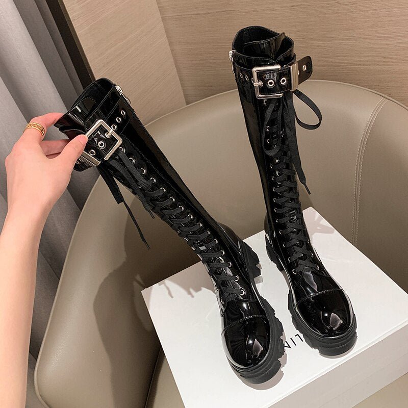 Women cowhide side zipper Knight boots belt buckle modern boots - LiveTrendsX