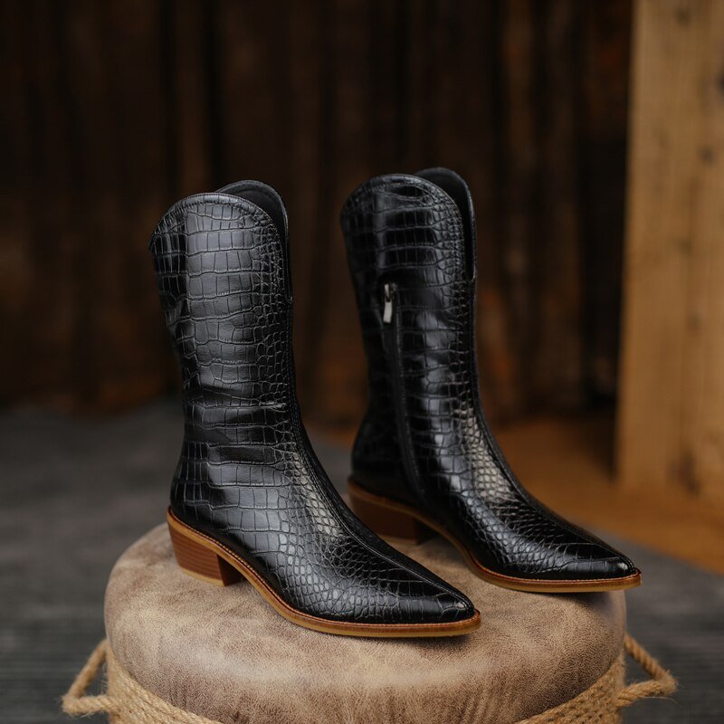 Women cowhide upper Embossed snake pattern western boots - LiveTrendsX