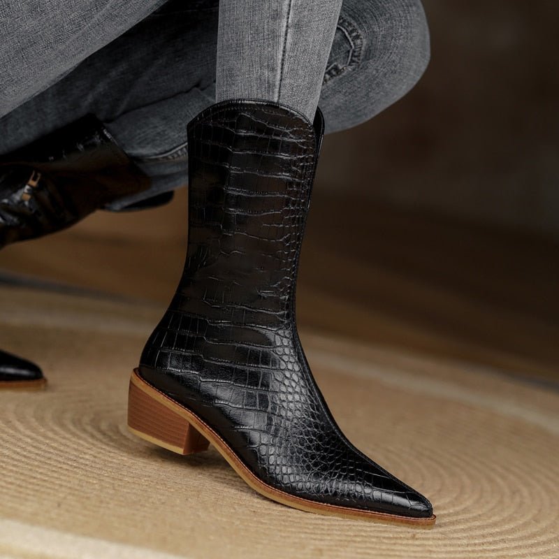 Women cowhide upper Embossed snake pattern western boots - LiveTrendsX