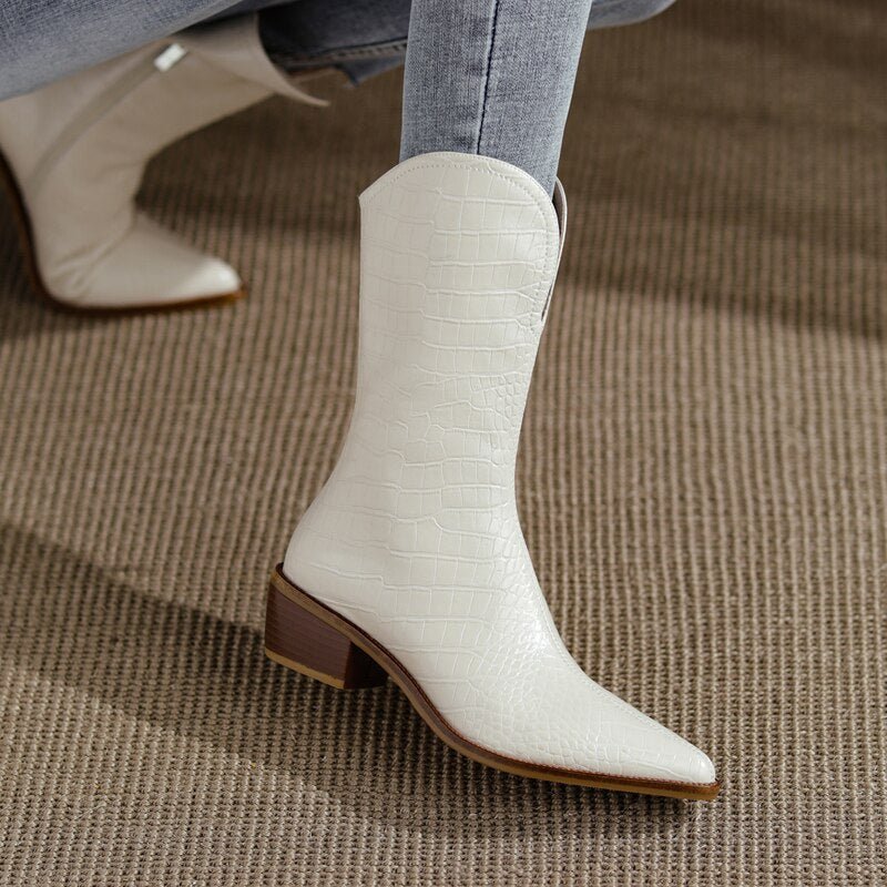 Women cowhide upper Embossed snake pattern western boots - LiveTrendsX