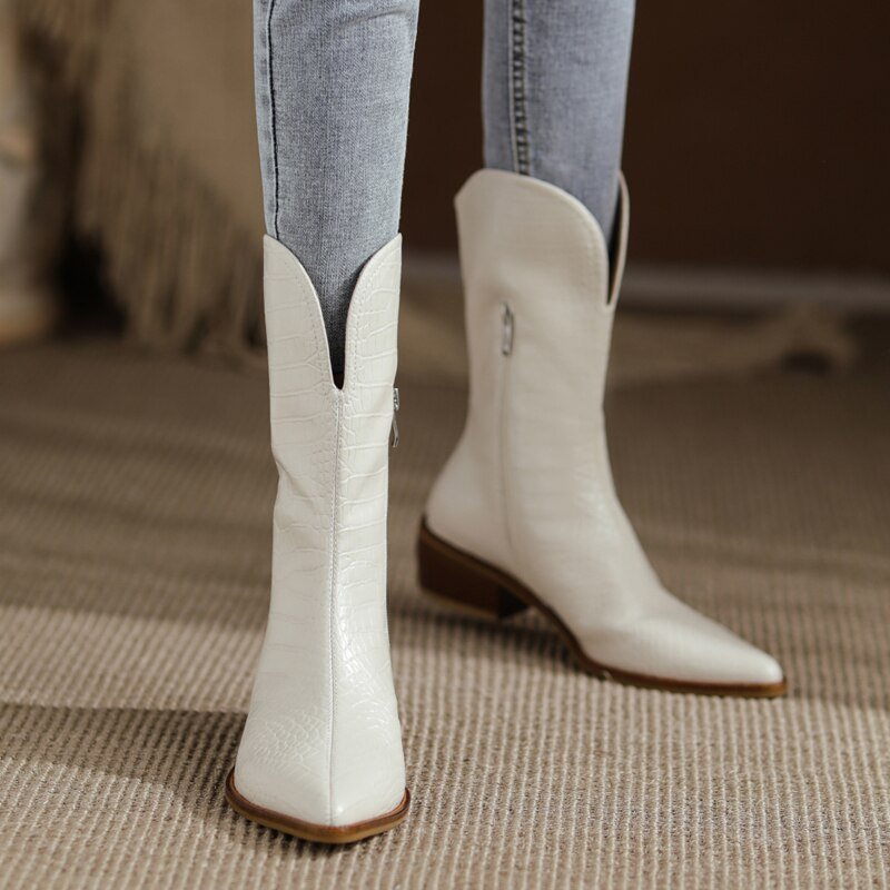 Women cowhide upper Embossed snake pattern western boots - LiveTrendsX