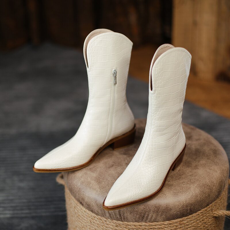 Women cowhide upper Embossed snake pattern western boots - LiveTrendsX