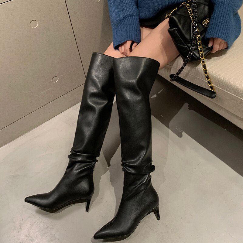 Women cowhide upper pointed toe high heel long skinny boots - LiveTrendsX