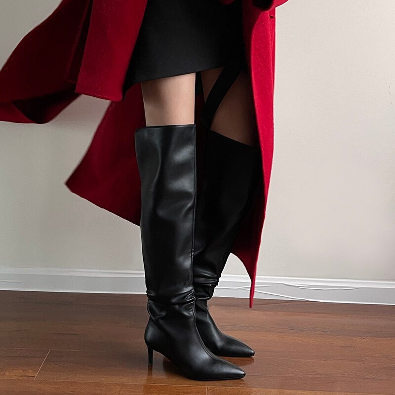 Women cowhide upper pointed toe high heel long skinny boots - LiveTrendsX