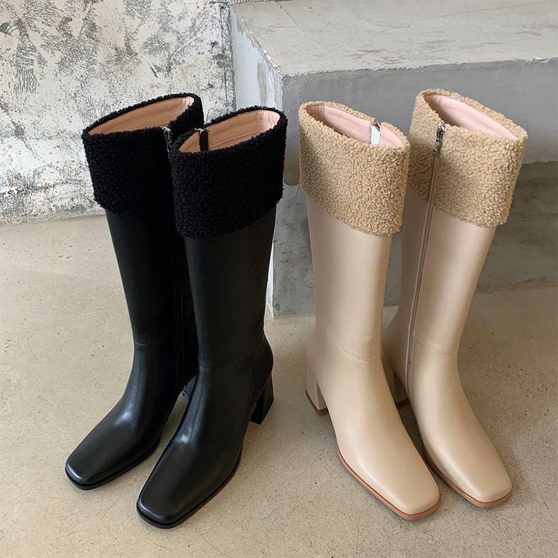 Women cowhide upper Side Zip Lambskin Chunky Heel Boots - LiveTrendsX