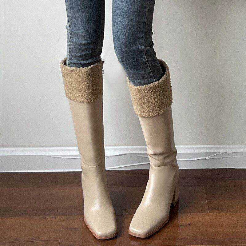 Women cowhide upper Side Zip Lambskin Chunky Heel Boots - LiveTrendsX