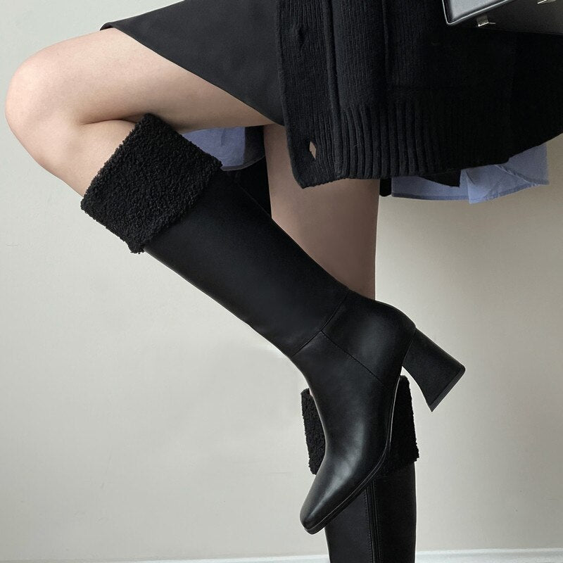 Women cowhide upper Side Zip Lambskin Chunky Heel Boots - LiveTrendsX