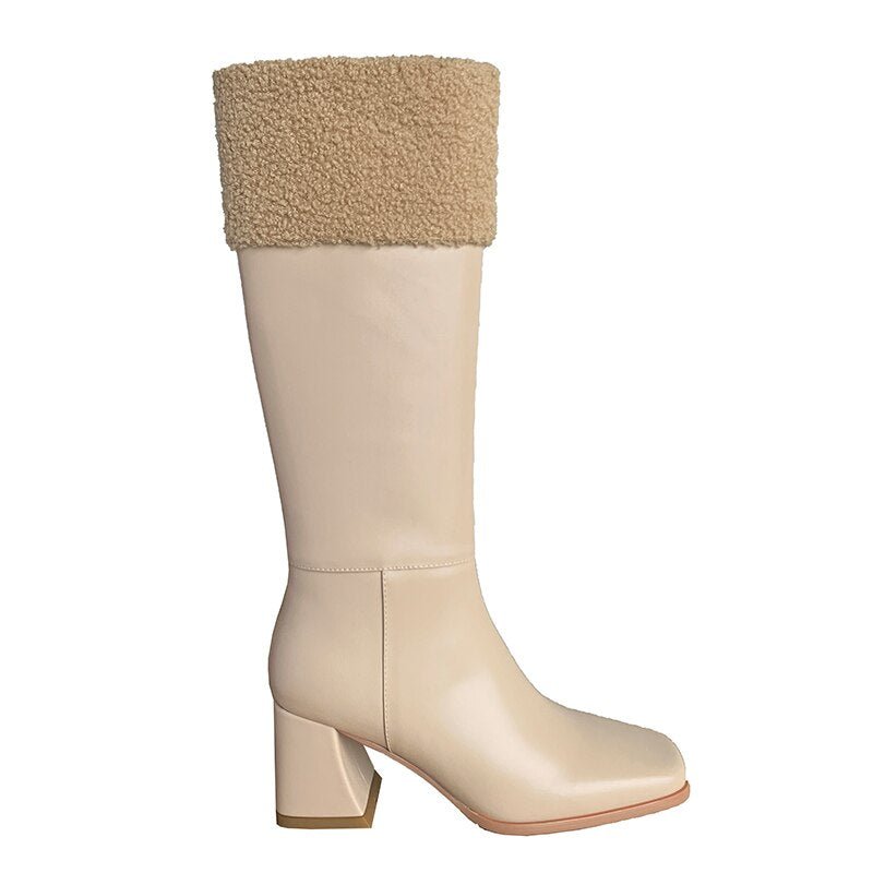 Women cowhide upper Side Zip Lambskin Chunky Heel Boots - LiveTrendsX