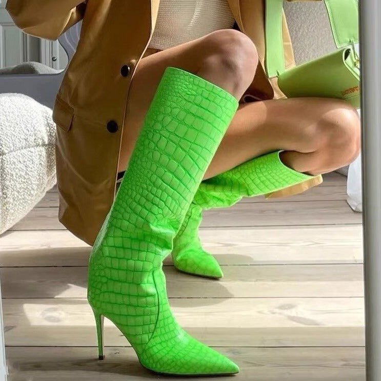 Women Crocodile High Heels Knee High Boots Pointed Toe Party Shoes - LiveTrendsX
