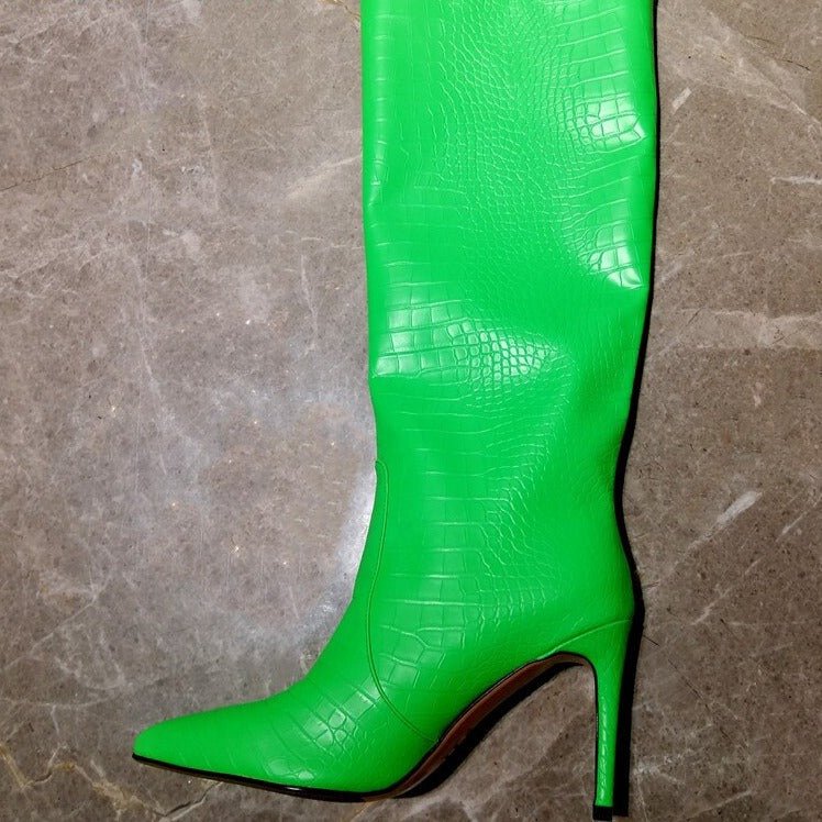 Women Crocodile High Heels Knee High Boots Pointed Toe Party Shoes - LiveTrendsX
