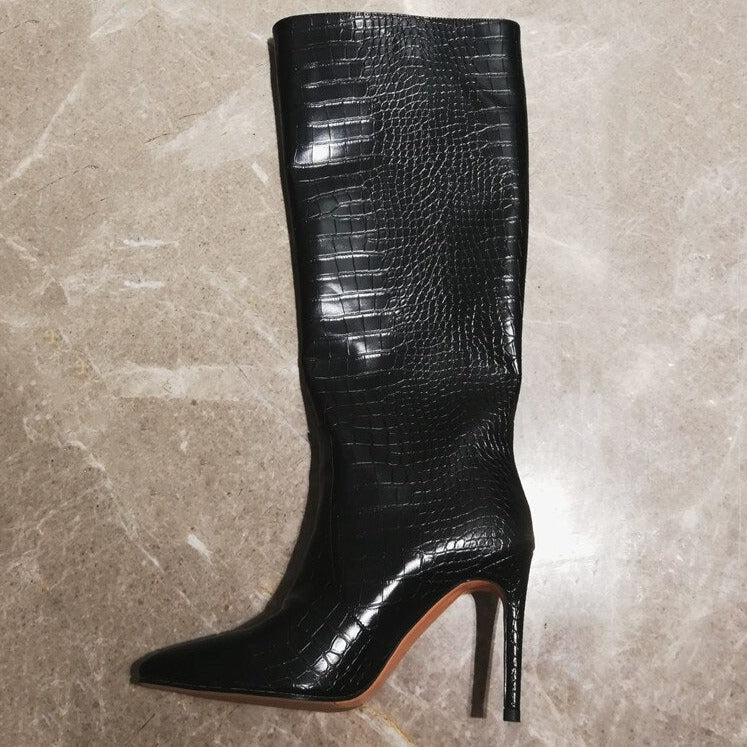 Women Crocodile High Heels Knee High Boots Pointed Toe Party Shoes - LiveTrendsX