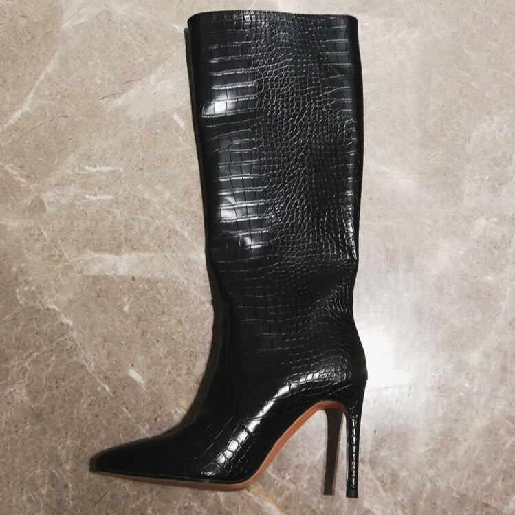 Women Crocodile High Heels Knee High Boots Pointed Toe Party Shoes - LiveTrendsX