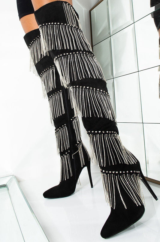 Women Crystal Fringe Over The Knee Boots Pointed Toe Heels Shoes - LiveTrendsX