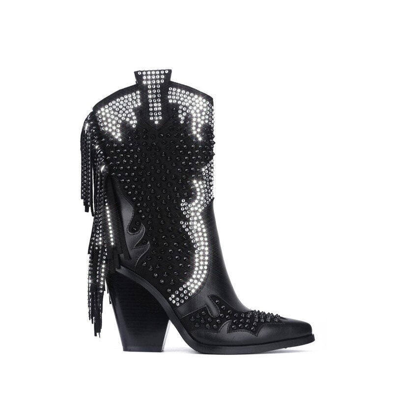 Women Crystal Fringe Western Cowboy Boots Chunky Heels Shoes - LiveTrendsX