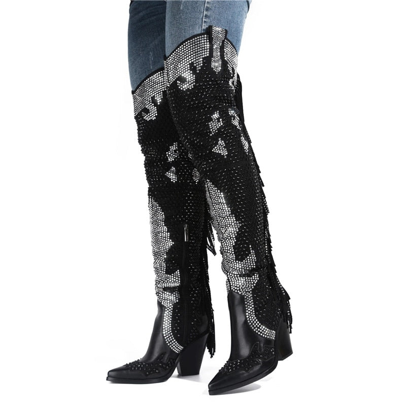 Women Crystal Fringe Western Cowboy Boots Chunky Heels Shoes - LiveTrendsX