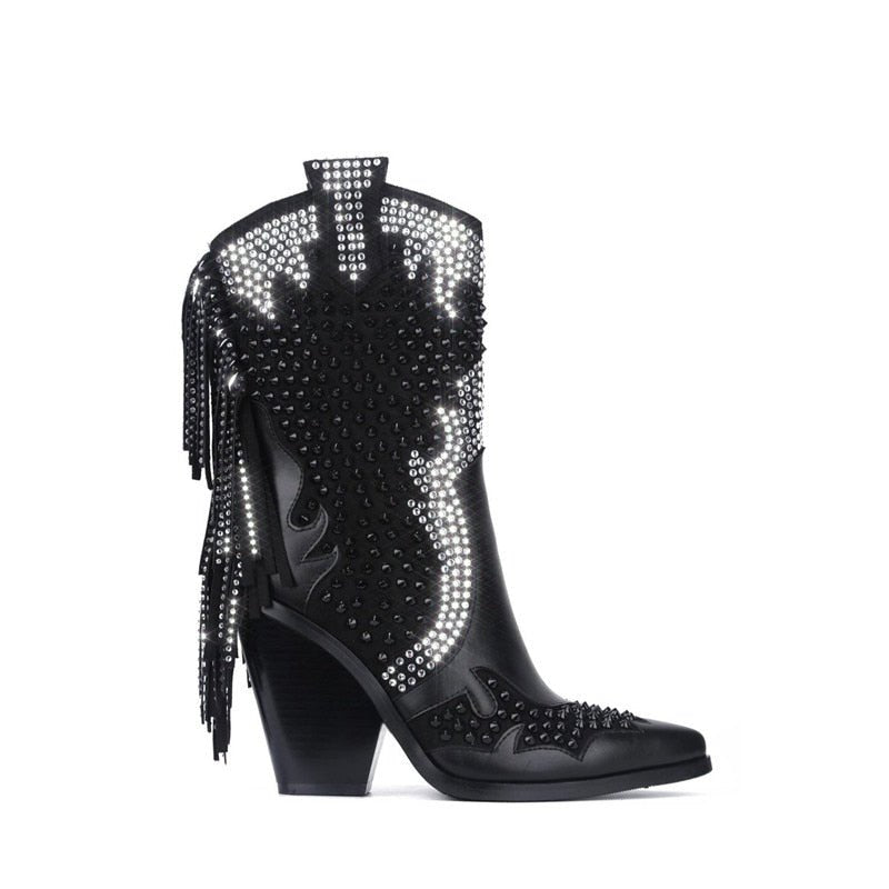 Women Crystal Fringe Western Cowboy Boots Chunky Heels Shoes - LiveTrendsX
