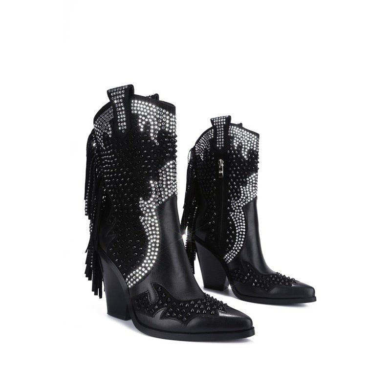 Women Crystal Fringe Western Cowboy Boots Chunky Heels Shoes - LiveTrendsX