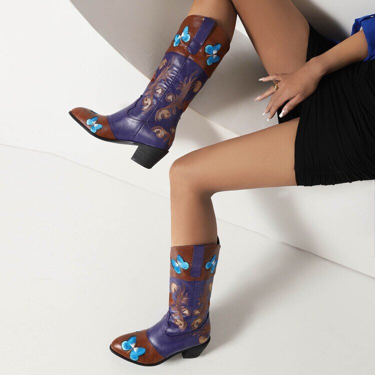 Women Embroidered Pointed Toe Mid Calf Trendy Boots - LiveTrendsX