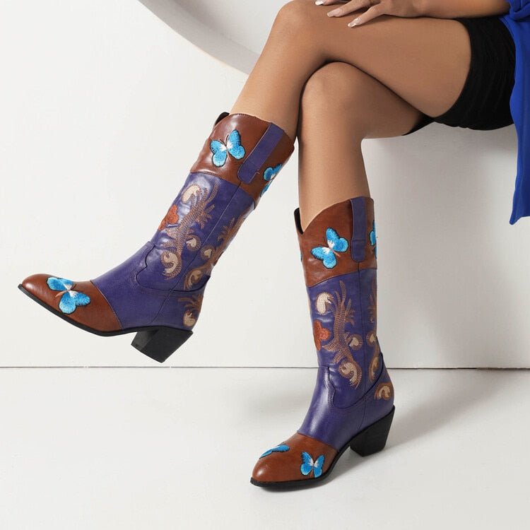 Women Embroidered Pointed Toe Mid Calf Trendy Boots - LiveTrendsX