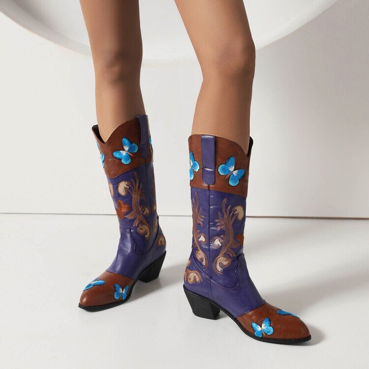 Women Embroidered Pointed Toe Mid Calf Trendy Boots - LiveTrendsX