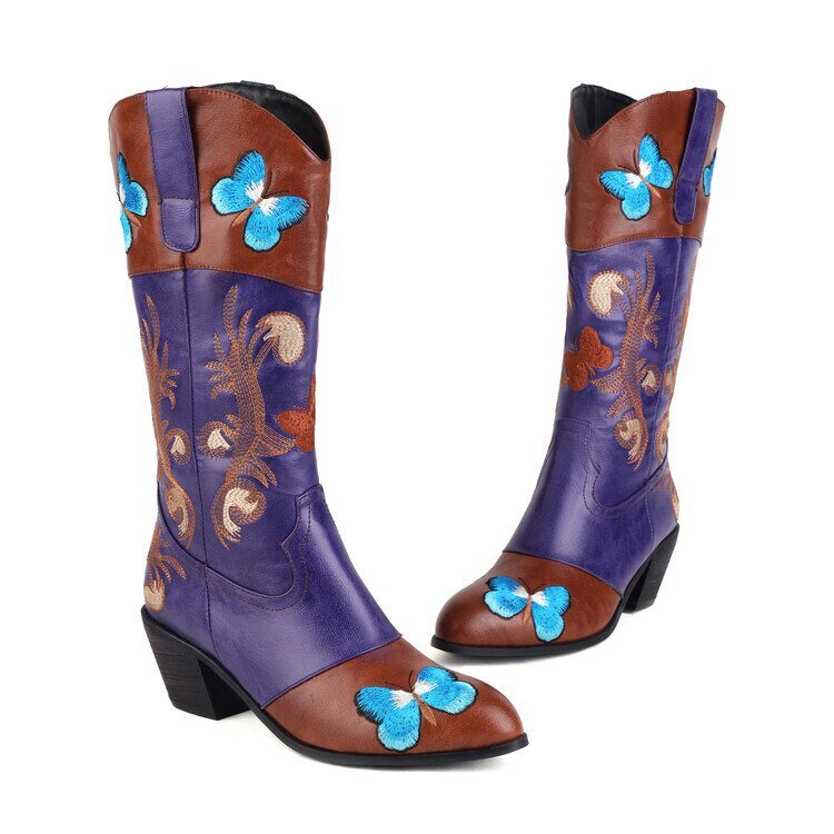 Women Embroidered Pointed Toe Mid Calf Trendy Boots - LiveTrendsX
