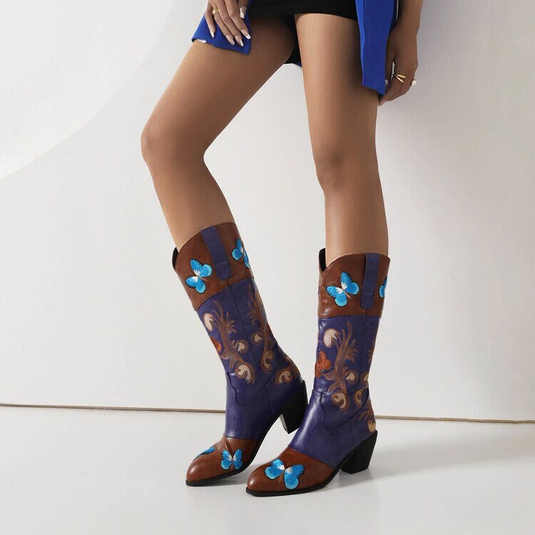 Women Embroidered Pointed Toe Mid Calf Trendy Boots - LiveTrendsX