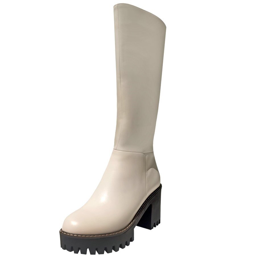 Women Genuine Leather Chunky High Heels Knee High Motorcycle Boots - LiveTrendsX