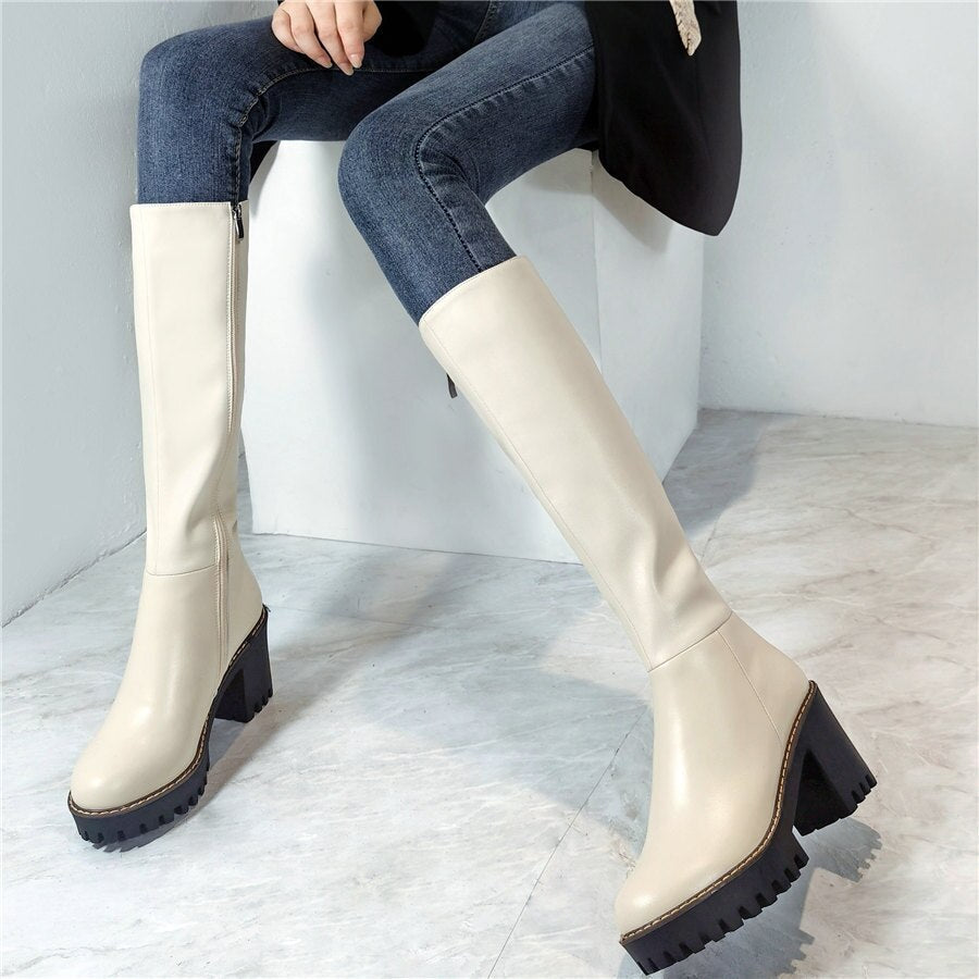 Women Genuine Leather Chunky High Heels Knee High Motorcycle Boots - LiveTrendsX