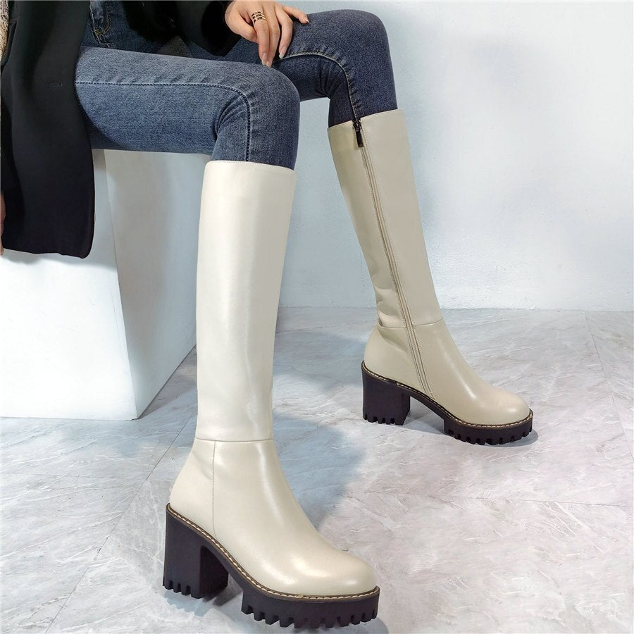 Women Genuine Leather Chunky High Heels Knee High Motorcycle Boots - LiveTrendsX