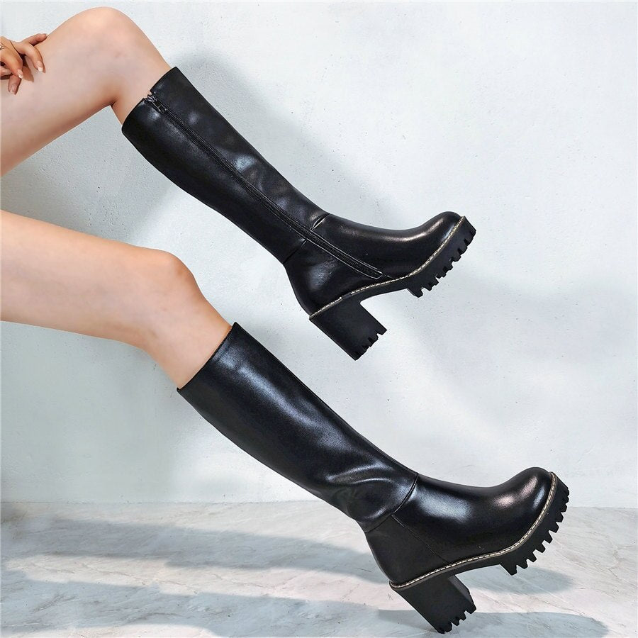 Women Genuine Leather Chunky High Heels Knee High Motorcycle Boots - LiveTrendsX