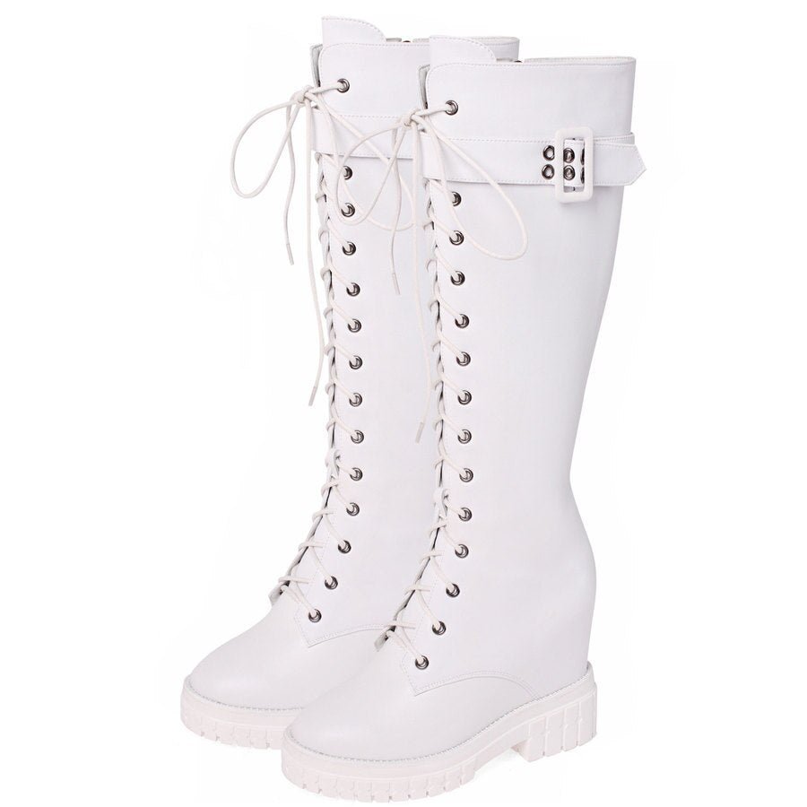 Women Genuine Leather Hidden Wedges High Heel Knee High Boots - LiveTrendsX