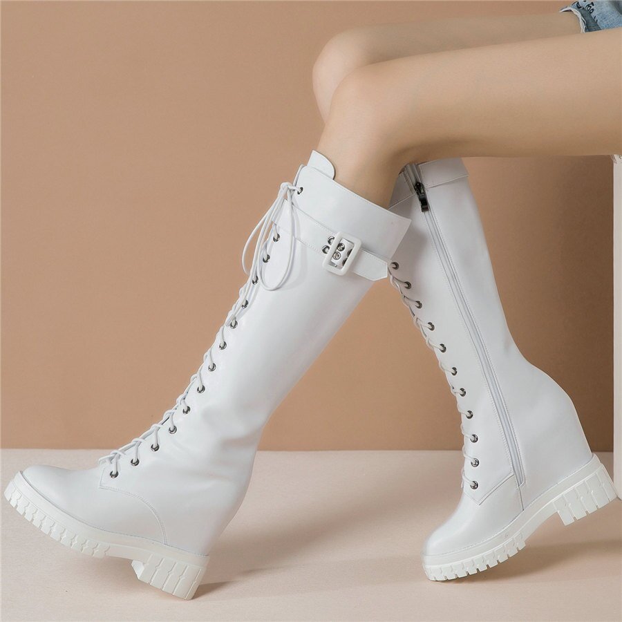 Women Genuine Leather Hidden Wedges High Heel Knee High Boots - LiveTrendsX