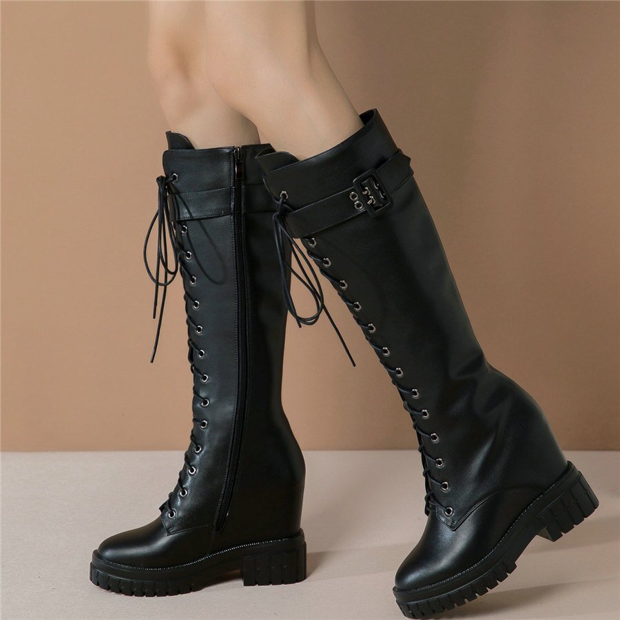 Women Genuine Leather Hidden Wedges High Heel Knee High Boots - LiveTrendsX