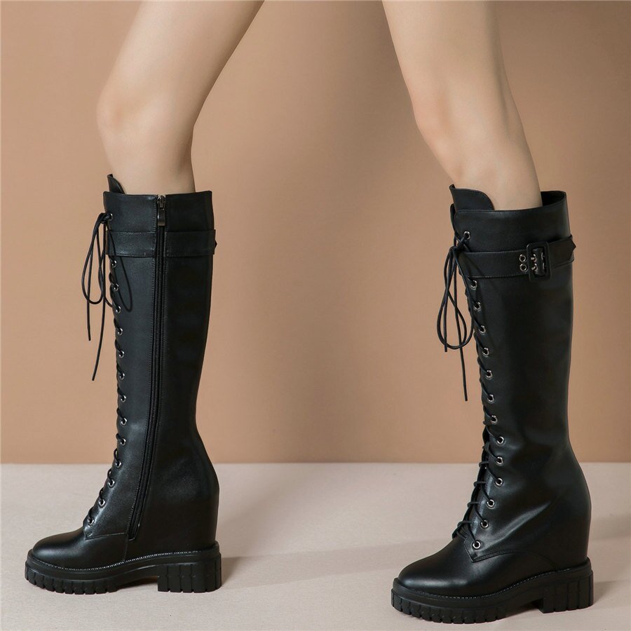 Women Genuine Leather Hidden Wedges High Heel Knee High Boots - LiveTrendsX