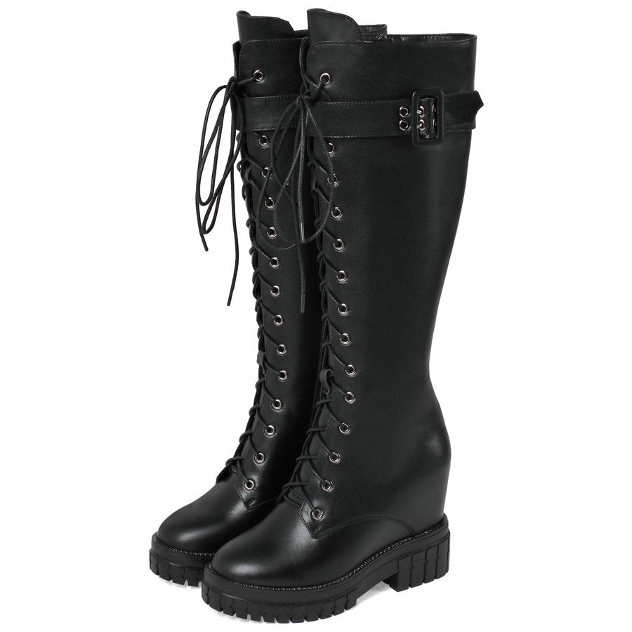 Women Genuine Leather Hidden Wedges High Heel Knee High Boots - LiveTrendsX