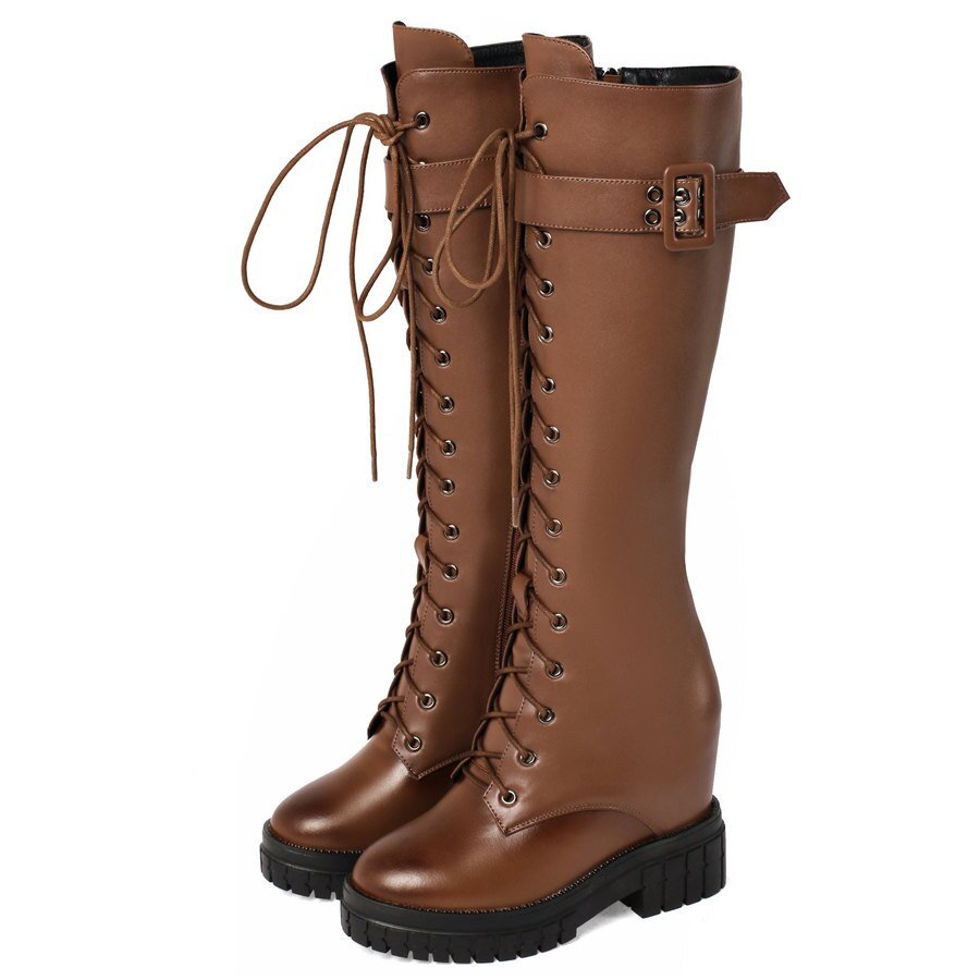 Women Genuine Leather Hidden Wedges High Heel Knee High Boots - LiveTrendsX