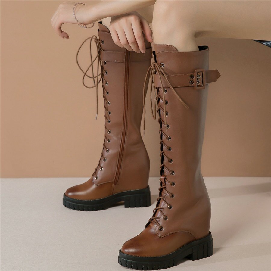 Women Genuine Leather Hidden Wedges High Heel Knee High Boots - LiveTrendsX