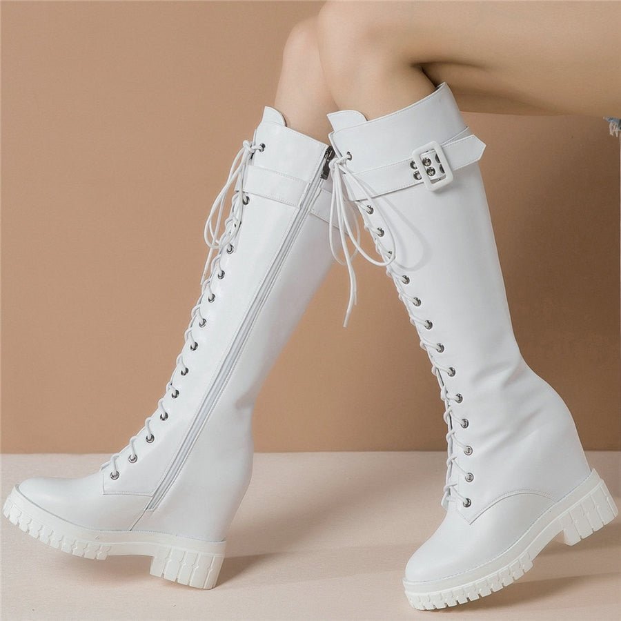 Women Genuine Leather Hidden Wedges High Heel Knee High Boots - LiveTrendsX