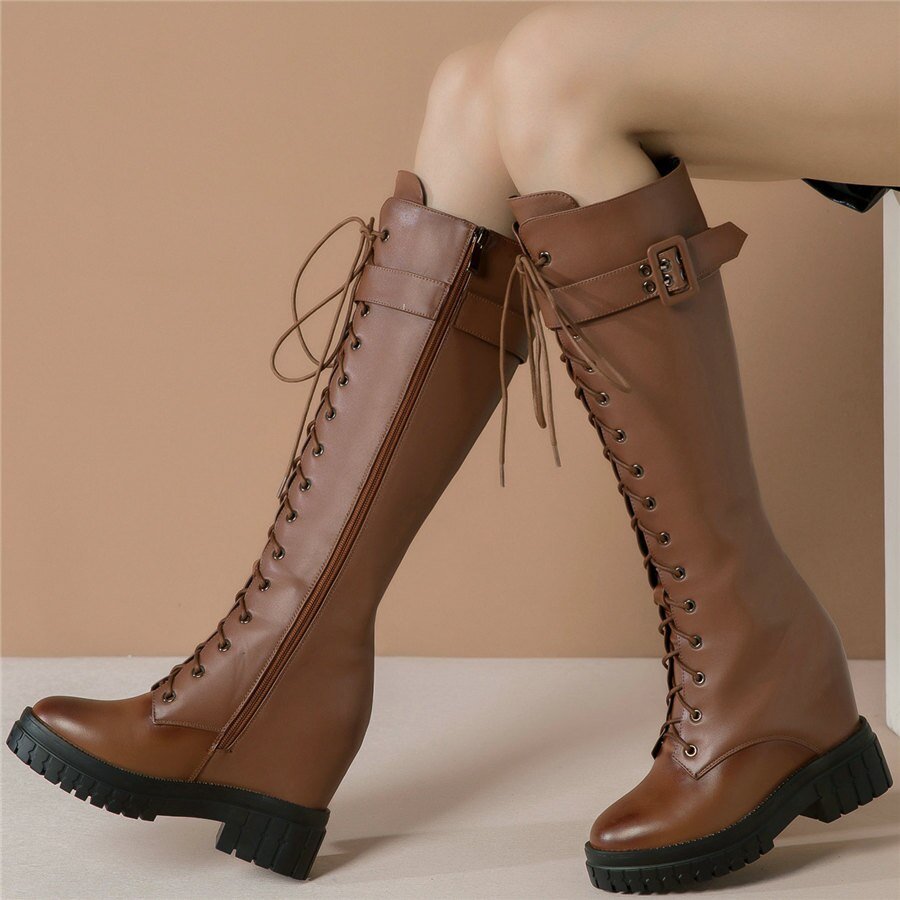 Women Genuine Leather Hidden Wedges High Heel Knee High Boots - LiveTrendsX