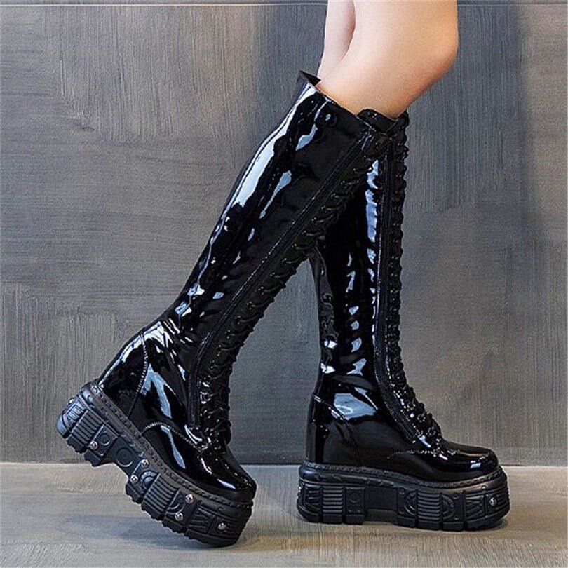 Women Genuine Leather Knee High Boots Platform Wedge High Heels - LiveTrendsX