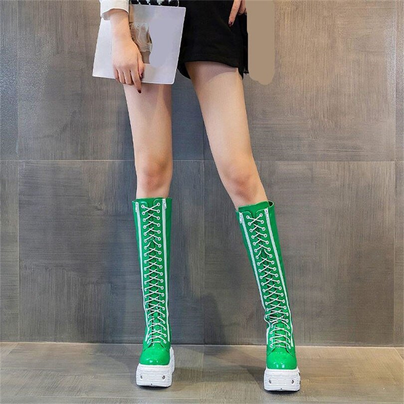 Women Genuine Leather Knee High Boots Platform Wedge High Heels - LiveTrendsX